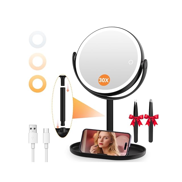 Espejo cosmético con luz de doble cara Auxmir con aro LED y soporte