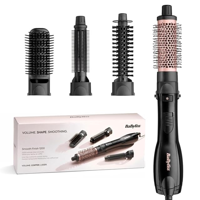 Cepillo de aire caliente BaByliss Smooth Finish 1200 con cuatro accesorios en negro y rosa