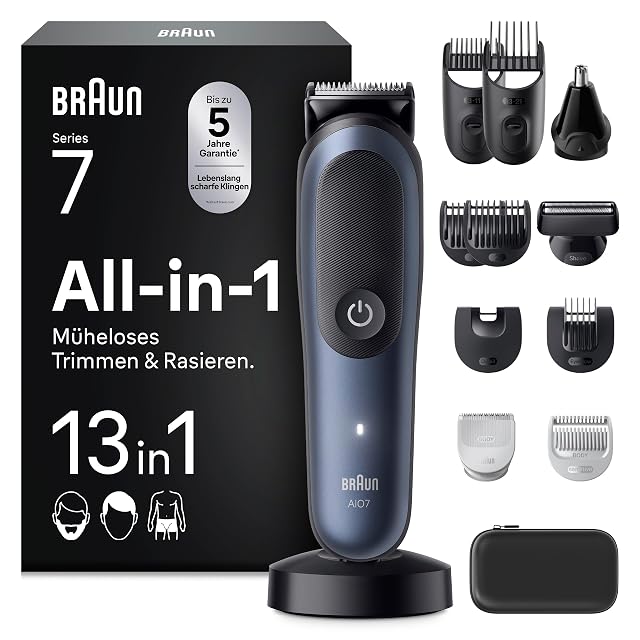 Kit de aseo Braun Multigroom Series 7 AIO7565 de trece piezas en azul con cabezal de precisión