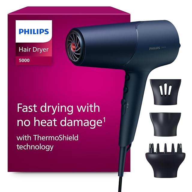 Secador Philips 5000 Series BHD510 en azul metalizado con dos boquillas y difusor