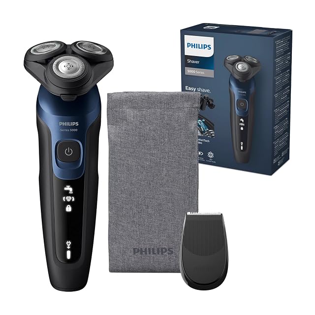 Afeitadora rotativa Philips Shaver 5000 S5465 en azul metalizado con recortador de precisión y funda